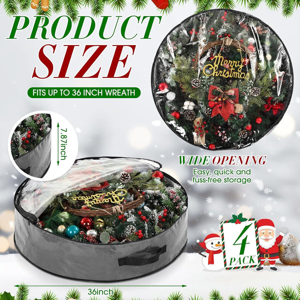 Aliceset 4 Pack Wreath Storage Containers, Storage Bags with Window and Handles, Durable Decoration Box Holder for Holiday(36 X 36 X 7.8 Inch,Gray)