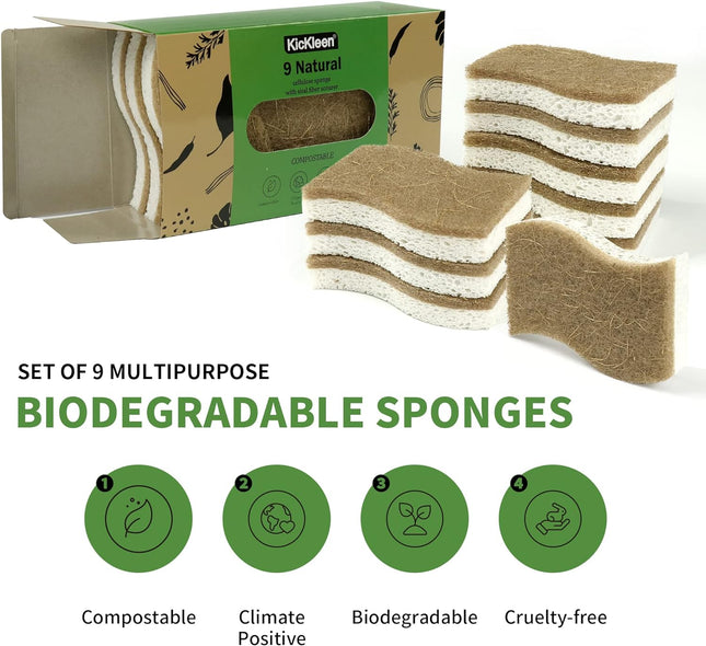9 Pack Biodegradable Natural Kitchen Sponge - Compostable Cellulose and Coconut Walnut Scrubber Sponge - Eco Friendly Su