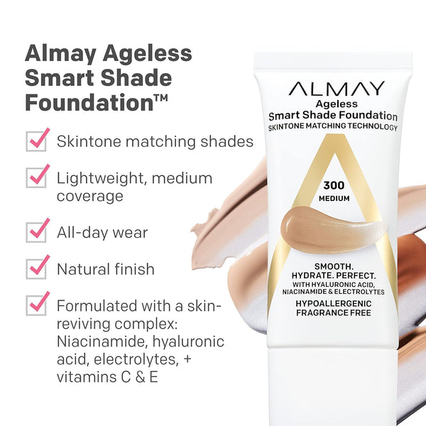 Almay Anti-Aging Foundation, Smart Shade Face Makeup with Hyaluronic Acid, Niacinamide, Vitamin C & E, Hypoallergenic-Fragrance Free, 200 Light