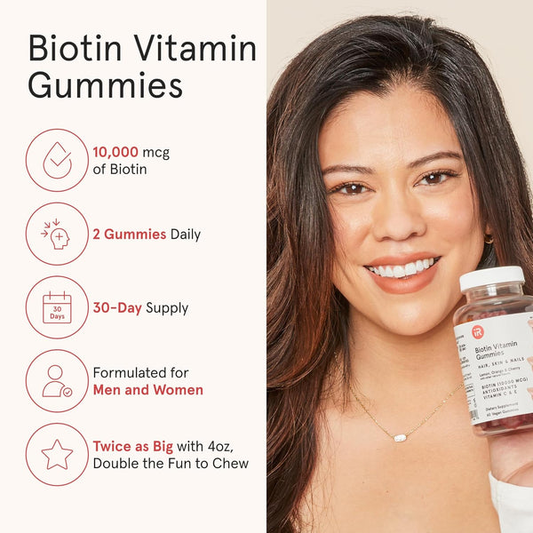 iRestore Biotin Gummies 10,000 mcg - 3 Natural Fruit Flavors, Hair Vitamins Multi Supplement for Hair Skin and Nails for Women & Men, 60 Vegan
