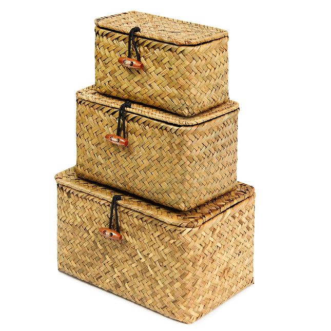 FEILANDUO Shelf Baskets with Lid Set of 3 Handwoven Seagrass Storage Box Wicker Basket Desktop Makeup Organizer Multipur
