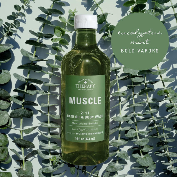 Village Naturals Therapy Muscle Foaming Bath Oil and Body Wash 16 Oz. 2 Pack, Green, 16 Oz