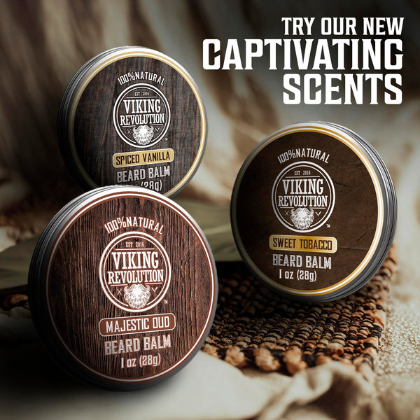 Viking Revolution 4 Beard Balm Variety Pack (1Oz Each) - Sandalwood, Pine & Cedar, Bay Rum, Clary Sage - Styles, Strengthens and Softens Beards