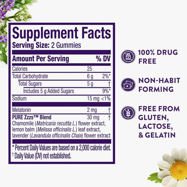 ZzzQuil, Pure Zzzs Melatonin Gummies, Sleep Aid, Melatonin 2mg, with Chamomile and Lavender, Melatonin Sleep Gummies, Sleep Aids for Adults,