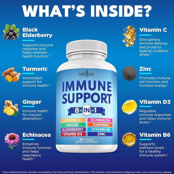 NEW AGE 8 in 1 Immune Support Booster Supplement with Echinacea, Vitamin C and Zinc 50Mg, Vitamin D 5000 IU, Turmeric Curcumin & Ginger, B6,
