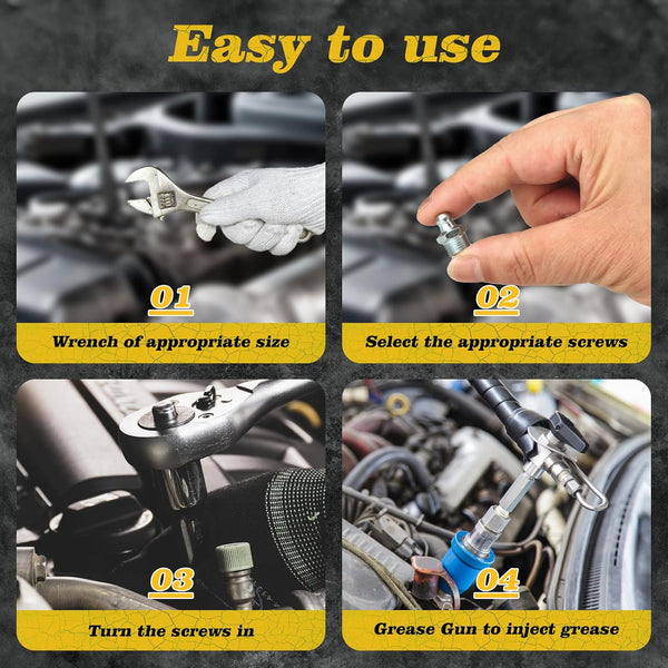 60Pcs Galvanized Steel Grease Fittings Kit, SAE 1/4" & 1/8" Grease Zerks Assortment with Straight 45° 90° Angled Zerk Fittings for Automotive &