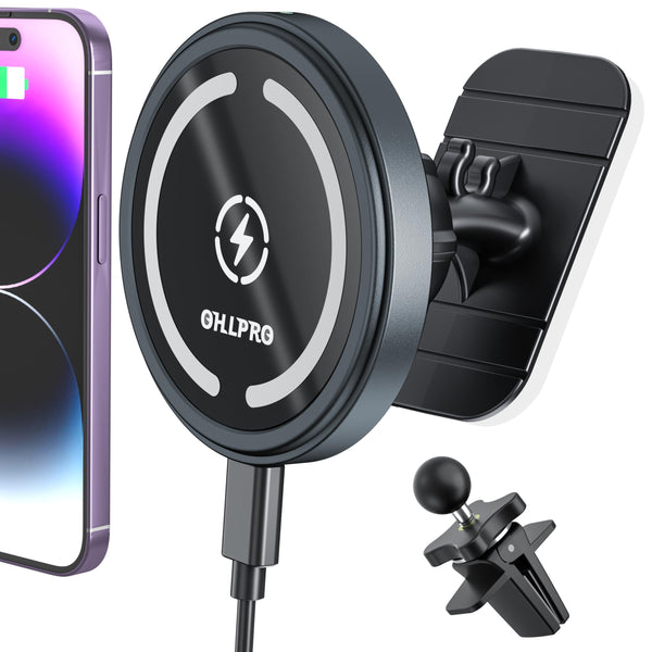 OHLPRO for MagSafe Car Mount Charger iPhone 15W Wireless Car Charger Dark Gray