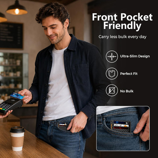 RUNBOX Slim Wallet for Men and Women, RFID Blocking Leather Card Holder Carbon Fiber Black