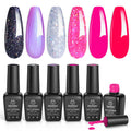 Beetles Hot Pink Gel Nail Polish Set, Electric Carnival Glitter Gel Polish | 6 Colors Glitter Purple and Black Shimmer Dreamy Swirl Thread Effect,