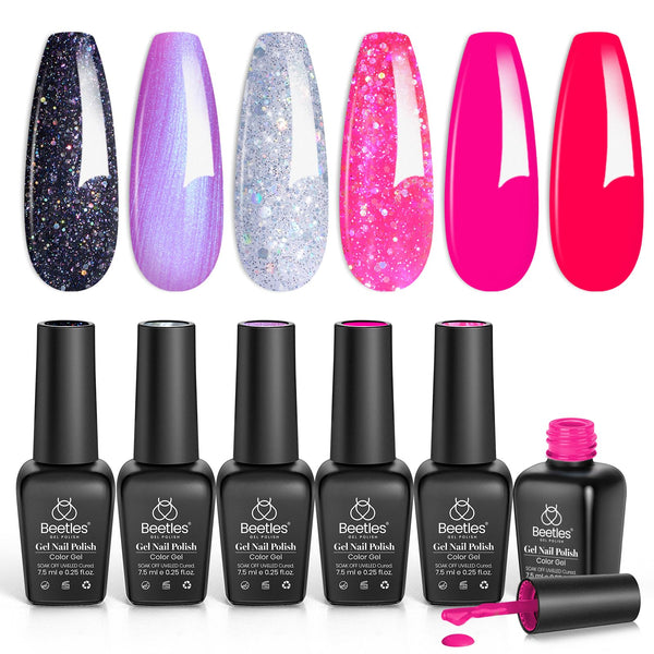 Beetles Hot Pink Gel Nail Polish Set, Electric Carnival Glitter Gel Polish | 6 Colors Glitter Purple and Black Shimmer Dreamy Swirl Thread Effect,