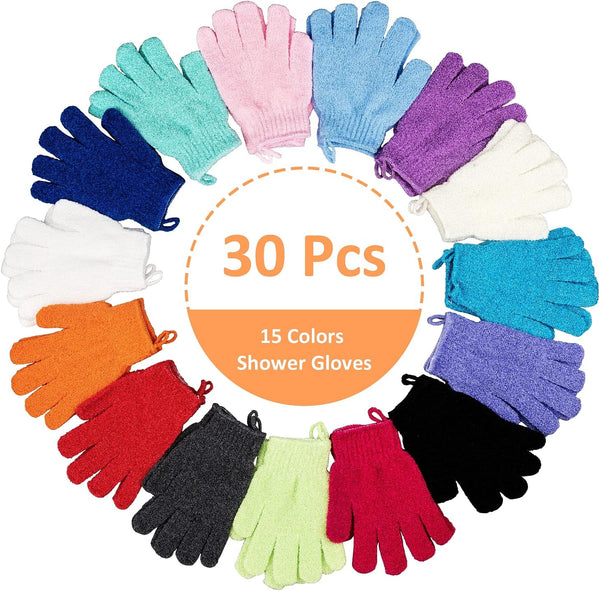 30 Pcs Exfoliating Gloves for Shower, 15 Colors Body Exfoliator Glove with Hanging Loop, Scrub Exfoliate Glove Mitt Bath Face Spa Hand Scrubber