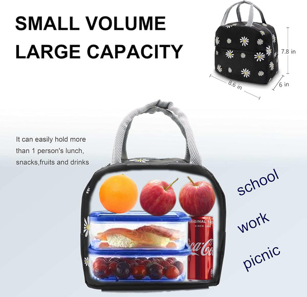 Sonuimy Insulated Lunch Bag Women, Reusable Cute Tote Lunch Box Black/White Black with White Daisy