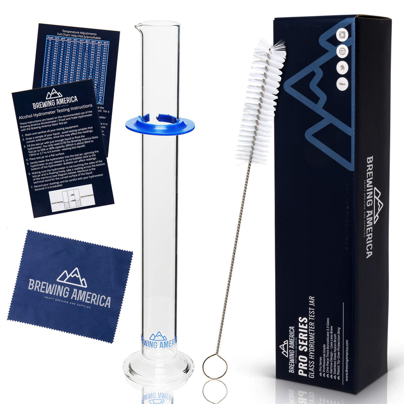 Brewing America Glass Hydrometer Test Tube Jar & Cylinder Brush - Narrow Flask for Alcohol by Volume Test - Moonshine, Homebrew Beer, Home Wine