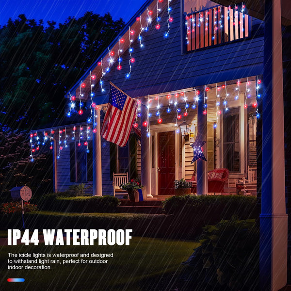 JMEXSUSS Icicle Lights for 4th of July Decor, 400 LED Red White and Blue | 38.8 Ft Icicle Lights for Outside, Independence Day Icicle String Light