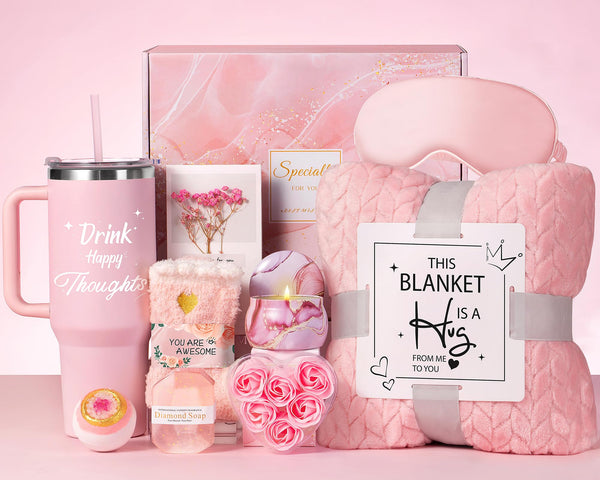Aeenr Birthday Gifts for Women Self Care Get Well Soon Gift Baskets | Unique Relaxing Spa Gift Set W/Flannel Blanket & 40 OZ Tumbler for Mom Wife