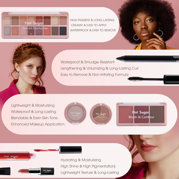 Hot Sugar All in One Makeup Kit, Makeup Set for Women, Girls Makeup Kit for Teens with Eyeshadow, Blush, Contour, Highlighter, Concealer,