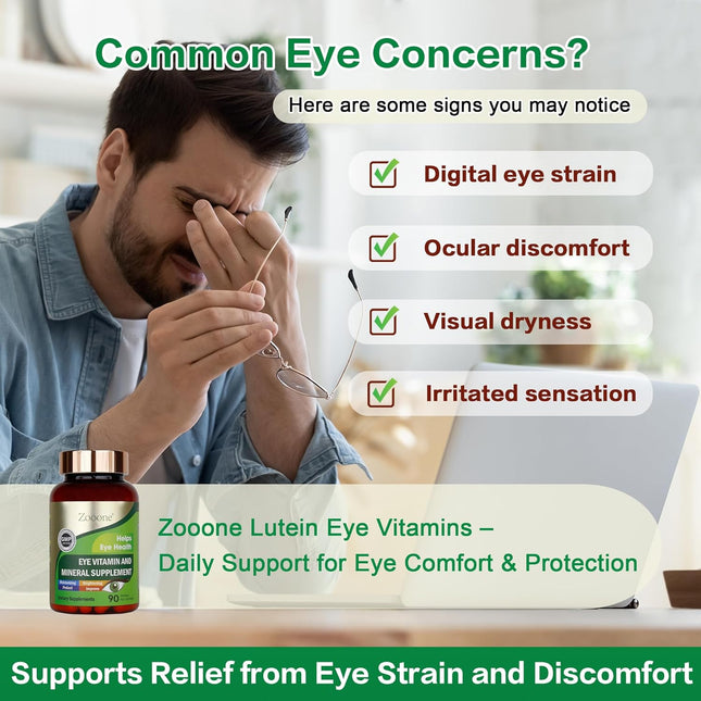 Zooone- 90Pcs Lutein Eye Vitamins Supplement for Macular Health and Dry Eye, Con