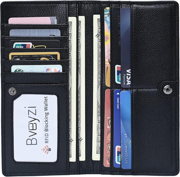 Bveyzi Ultra Slim Thin Leather RFID Blocking Credit Card Holder Bifold Clutch Wallets for Women Black Leather