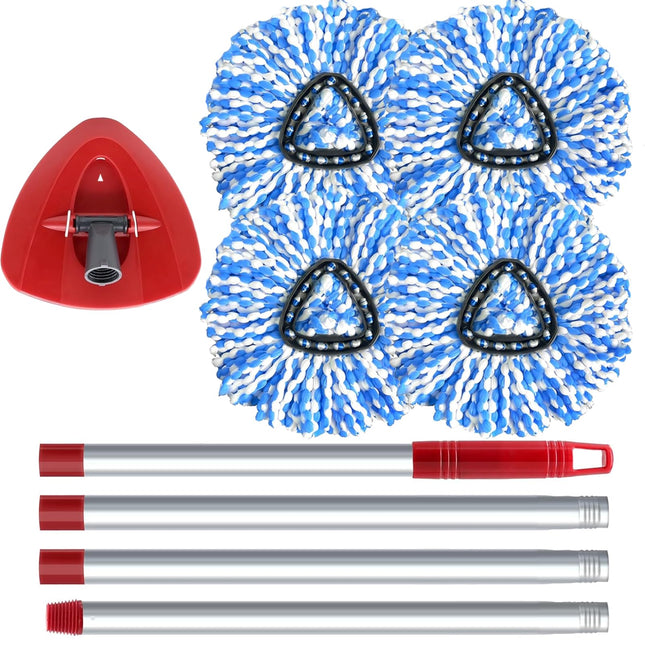 Spin Mop Head, Base, Handle Replacement for O-Ceda RinseClean 2 Tank System,4 Microfiber Mop Refills, 1 Base and 30-58in