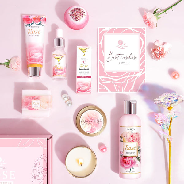 Gifts for Women, Happy Birthday Gifts for Women, Mothers Bath and Body Gift for Woman with Unique Rose Self Care Gift, Home Spa Gift Basket for