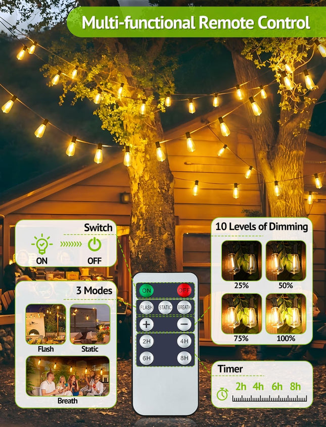 48FT Solar String Lights Outdoor with Remote, Waterproof Dimmable Patio Lights with 18+1 LED ST38 Bulbs 3 Modes Hanging 