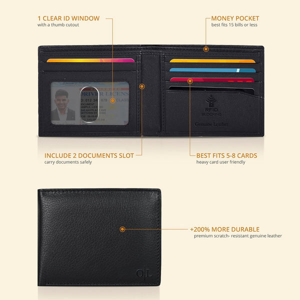 Oak Leathers Slim Leather Wallet for Men - RFID Wallets Credit Card Holder Ultra Thin Gift for Mens, Front Pocket Minimalist Design Nappa Black