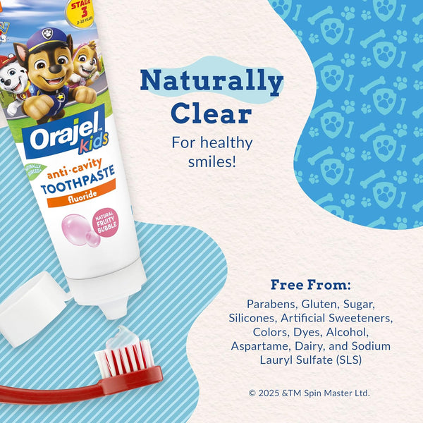 Orajel Kids Paw Patrol Anti-Cavity Fluoride Toothpaste, Natural Fruity Bubble Flavor, 4.2Oz Tube