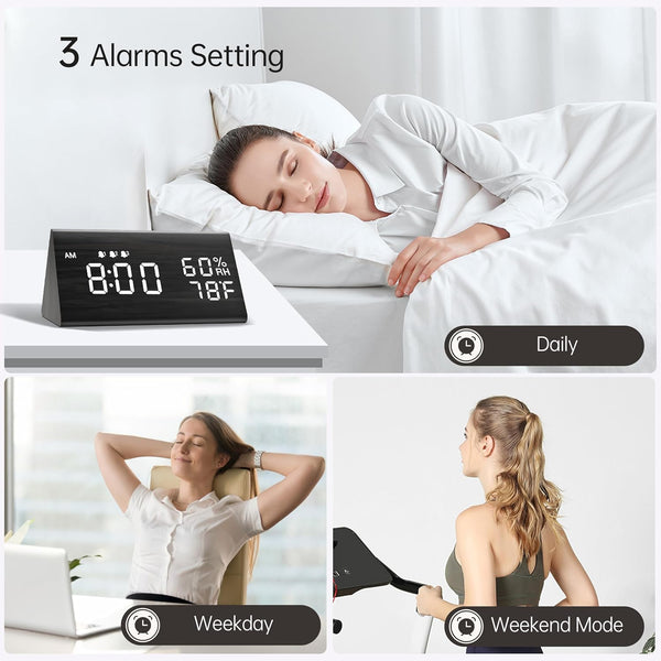 Digital Alarm Clock, with Wooden Electronic LED Time Display, 3 Alarm Settings, Humidity & Temperature Detect, Wood Made Electric Clocks for