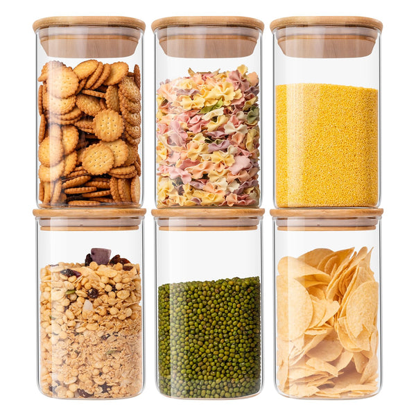Glass Food Storage Jars 37 oz Set of 6,Glass Storage Containers Clear Glass Food Canister with Bamboo Lid Airtight For Serving Tea, Coffee, Flour,