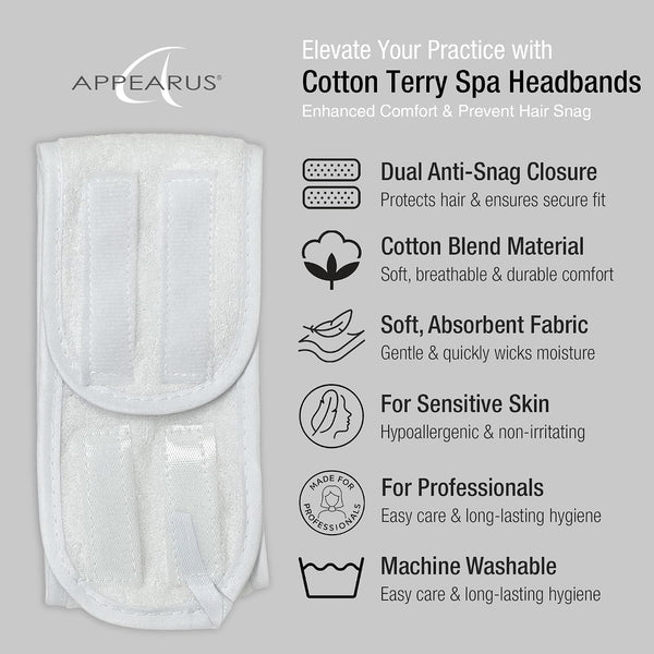 APPEARUS Cotton Terry Cloth Facial Headband 4 Pack White | Absorbent cotton terry with adjustable hook and loop band. Designed for estheticians,
