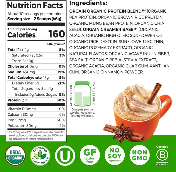 Orgain Organic Vegan Protein Powder, Pumpkin Spice Seasonal Flavor - 21g of Plant Protein, 5g Prebiotic Fiber, No Lactose Ingredients, No Added