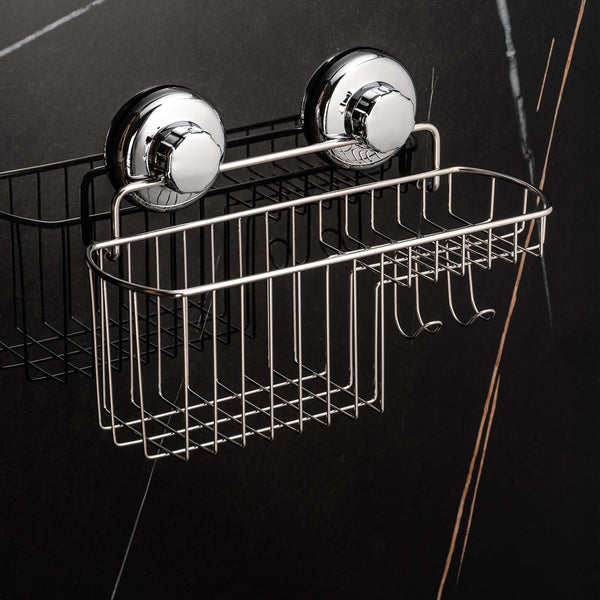 HASKO Suction Cup Shower Caddy Basket for Shampoo, Shower Suction Shelf Organizer, Basket with Soap Holder and Hooks, Stainless Steel Shampoo