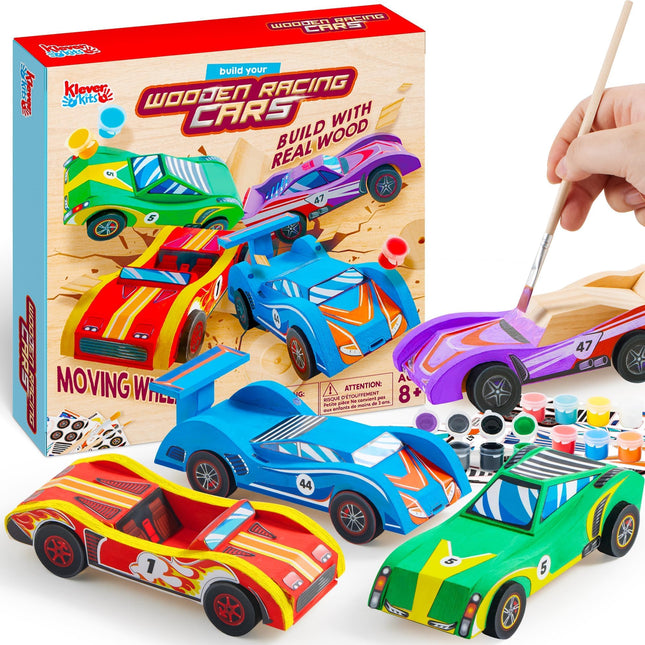 Klever Kits 4 DIY Wooden Race Cars-Build & Paint Your Own Wood Craft Kit, 4 Race