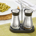 Juvale Stainless Steel Salt and Pepper Shakers Set with Holder, Refillable, Clear Glass Bottoms, Screw-Off Perforated "S" and "P" Caps for Kitchen