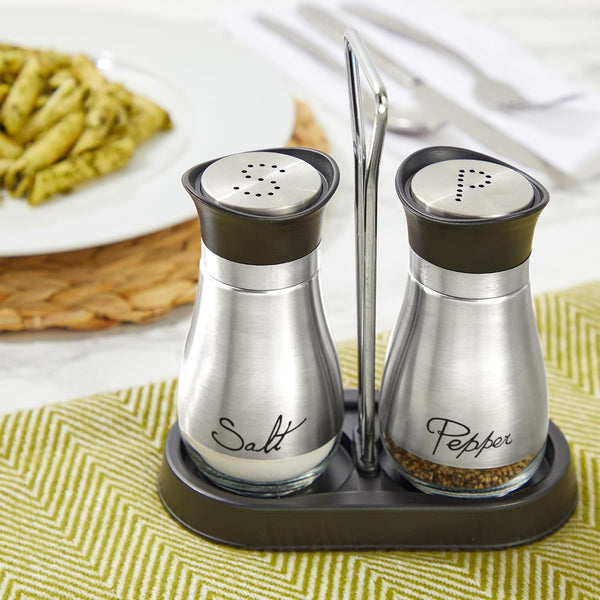 Juvale Stainless Steel Salt and Pepper Shakers Set with Holder, Refillable, Clear Glass Bottoms, Screw-Off Perforated "S" and "P" Caps for Kitchen
