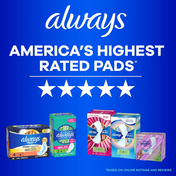 Always Ultra Thin Feminine Pads with Wings for Women, Size 1, Regular Absorbency, Unscented, Up to 100% Leak-Free Protection, 46 Count Size 1 46.0