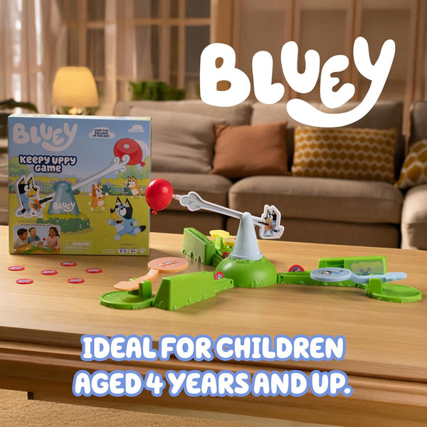 Bluey Keepy Uppy Game. Help, Bingo, and Chilli Keep the Motorized Balloon in the Air with the Character Paddles for 2-3 Players. Ages 4+