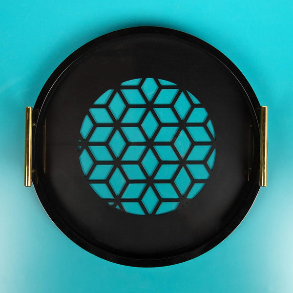 Kate and Laurel Caspen Round Cut Out Pattern Decorative Tray with Gold Metal Handles, Black 15.5" Black
