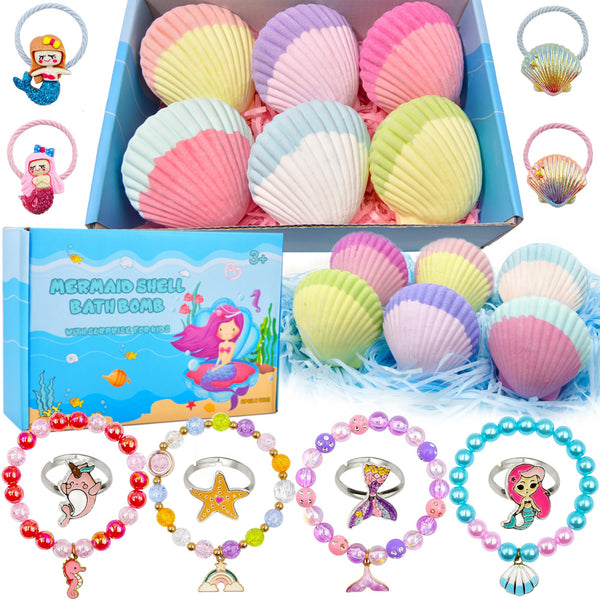 Mermaid Bath Bombs for Kids Girls with Surprise Inside, 6 Pcs Natural Fizzy Princess Fun Shell Bubble Bath Bomb Kit with Jewelry Toys, Christmas