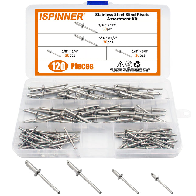 ISPINNER 120Pcs 304 Stainless Steel Blind Rivets, Pop Rivets Assortment Kit