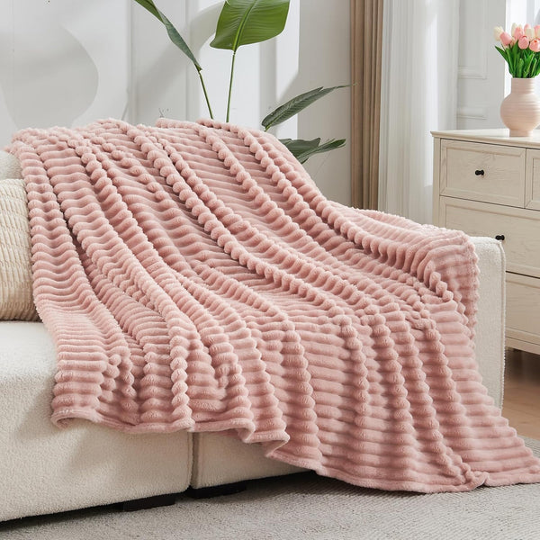 NEWCOSPLAY Super Soft Throw Blanket Pink Premium Silky Flannel Fleece 3D Ribbed Jacquard Lightweight Bed Blanket All Season Use (Pink Ribbed,