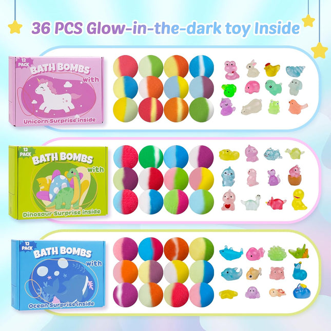 Bath Bombs for Kids with Toy Inside, 36 Pcs Bath Bombs with Glow in the Dark Din