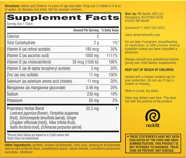 Airborne Vitamin C 1000Mg (Per Serving) - Zesty Effervescent Tablets, Gluten-Free Immune Support Supplement, Echinacea & Ginger, Orange, Citrus,