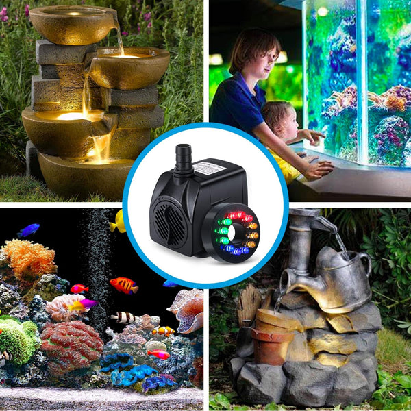 CWKJ Fountain Pump with LED Lights, 220GPH(15W 900L/H) Submersible Water Pump, Durable Outdoor Fountain Water Pump with 6.5ft Tubing (ID x