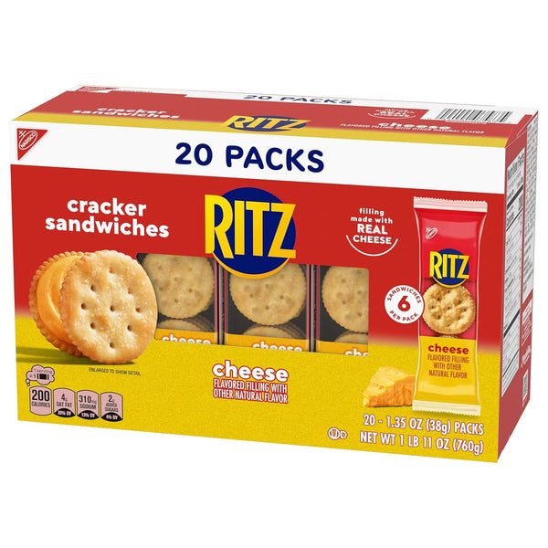 RITZ Cheese Sandwich Crackers, Lunch Snacks, 20 Snack Packs (6 Crackers per Pack)