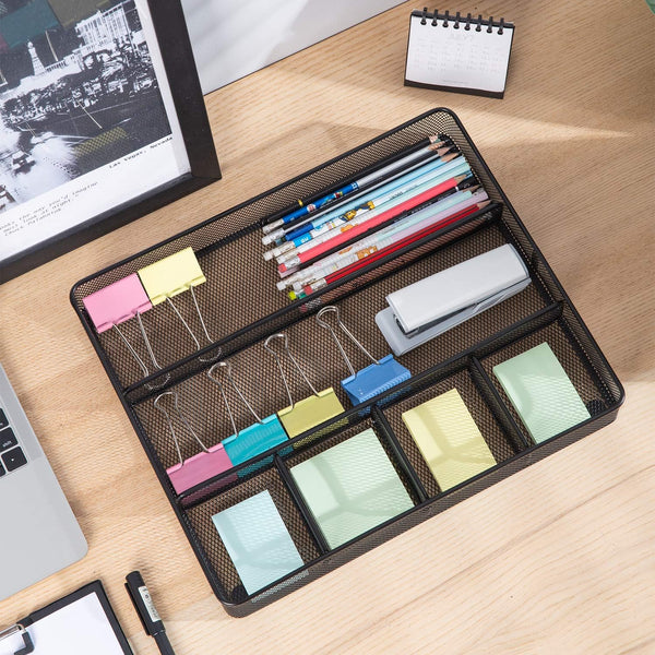 Amazon Basics Metal Mesh Desk Organizer with 6 Compartments, Anti-Slip Pen Holder Storage Tray for Office Supplies and Home, Black 1