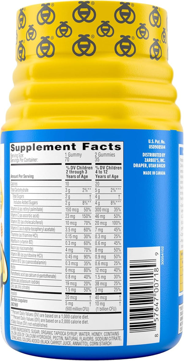 Zarbee'S Kid'S Complete Daily Multivitamin + Probiotic Gummies with Vitamins a B C D E & Zinc for Digestive Health Easy to Chew, Natural Fruit 70
