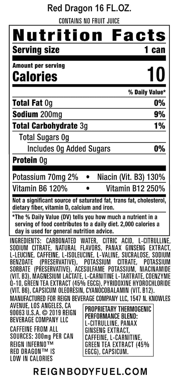 Reign Inferno Red Dragon, Thermogenic Fuel, Fitness and Performance Drink, 16 Fl Oz (Pack of 12) Red Dragon 16 Fl Oz (Pack of 12)