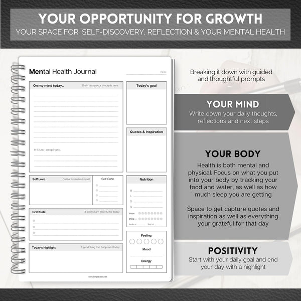 Mental Health Journal for Men | Daily Gratitude, Self Care, Intentions, Affirmations and Nutrition | A5 Mono