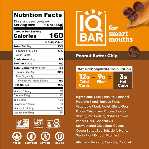 IQBAR Clean Plant Protein Bars, Peanut Butter Chip 12-Count | Protein Snack | High Fiber, High Protein, Low Sugar, Clean Label Project Certified |